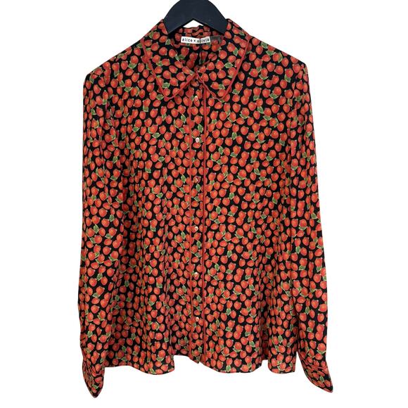 ALICE + OLIVIA Willa Long Sleeve Strawberry Print Silk Button-Up Shirt - Picture 3 of 9